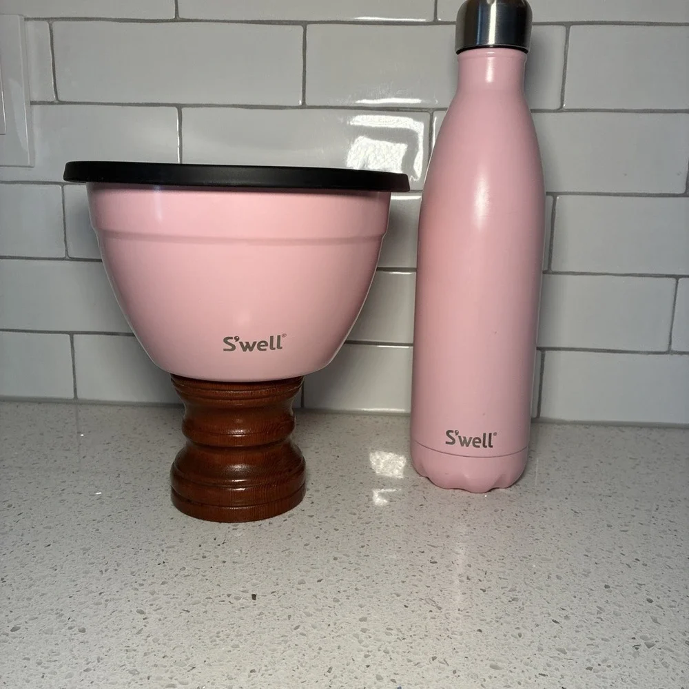 S'well Stainless Steel Salad Bowl Kit Pink Peony 8 Cups + 25 oz Bottle EUC